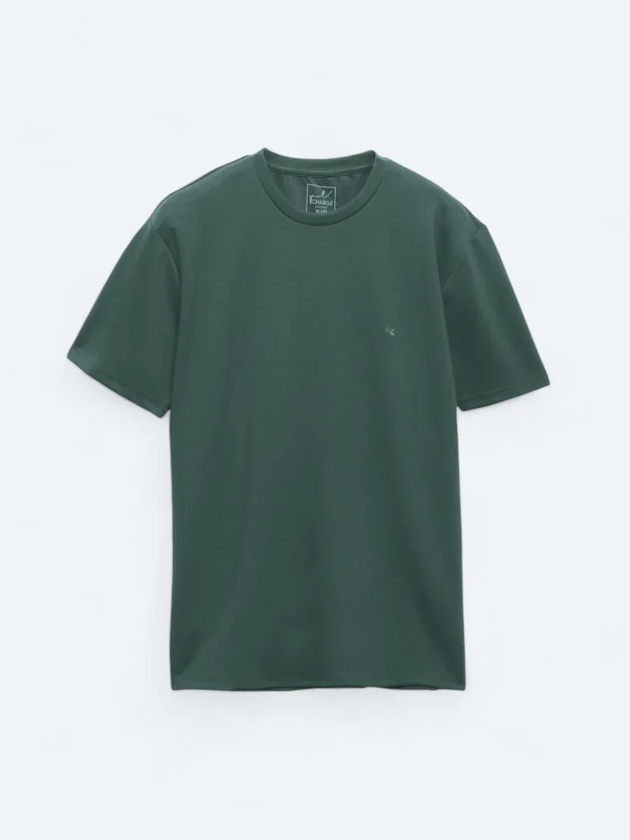 Yeşil Düz Bisiklet Yaka T-Shirt - 6