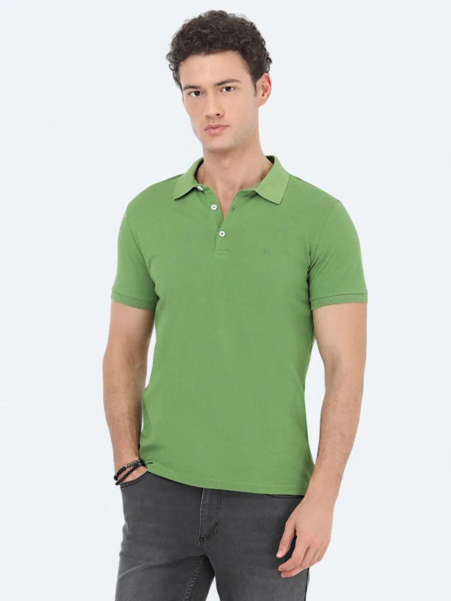 Yeşil Düz Polo Yaka %100 Pamuk T-Shirt - 1