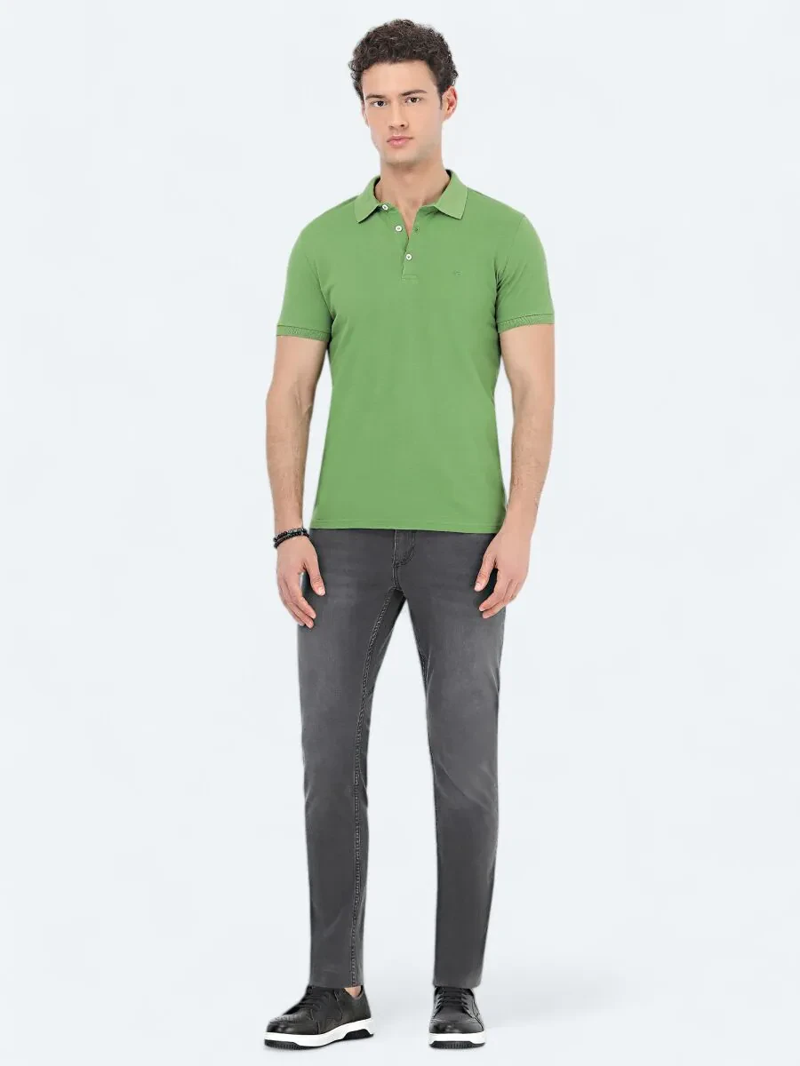 Yeşil Düz Polo Yaka %100 Pamuk T-Shirt - 2