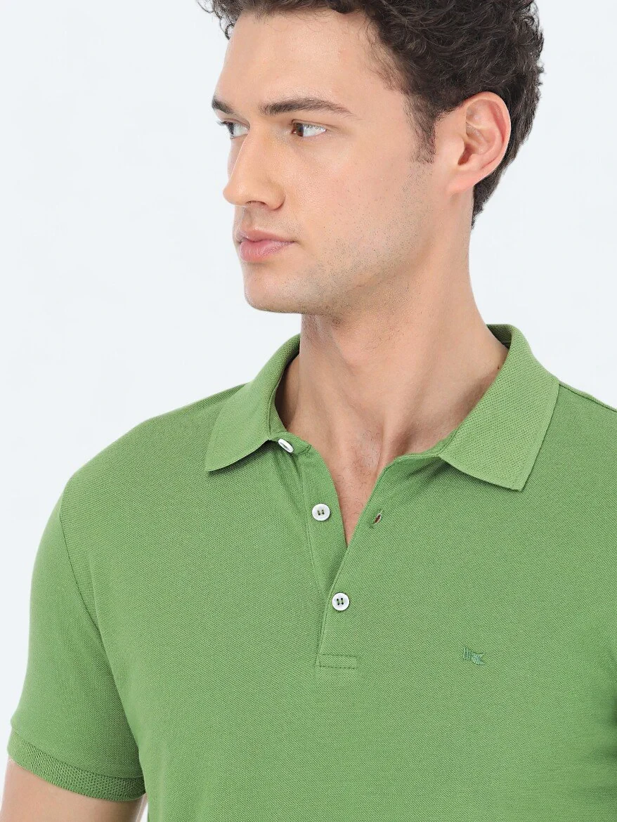 Yeşil Düz Polo Yaka %100 Pamuk T-Shirt - 3