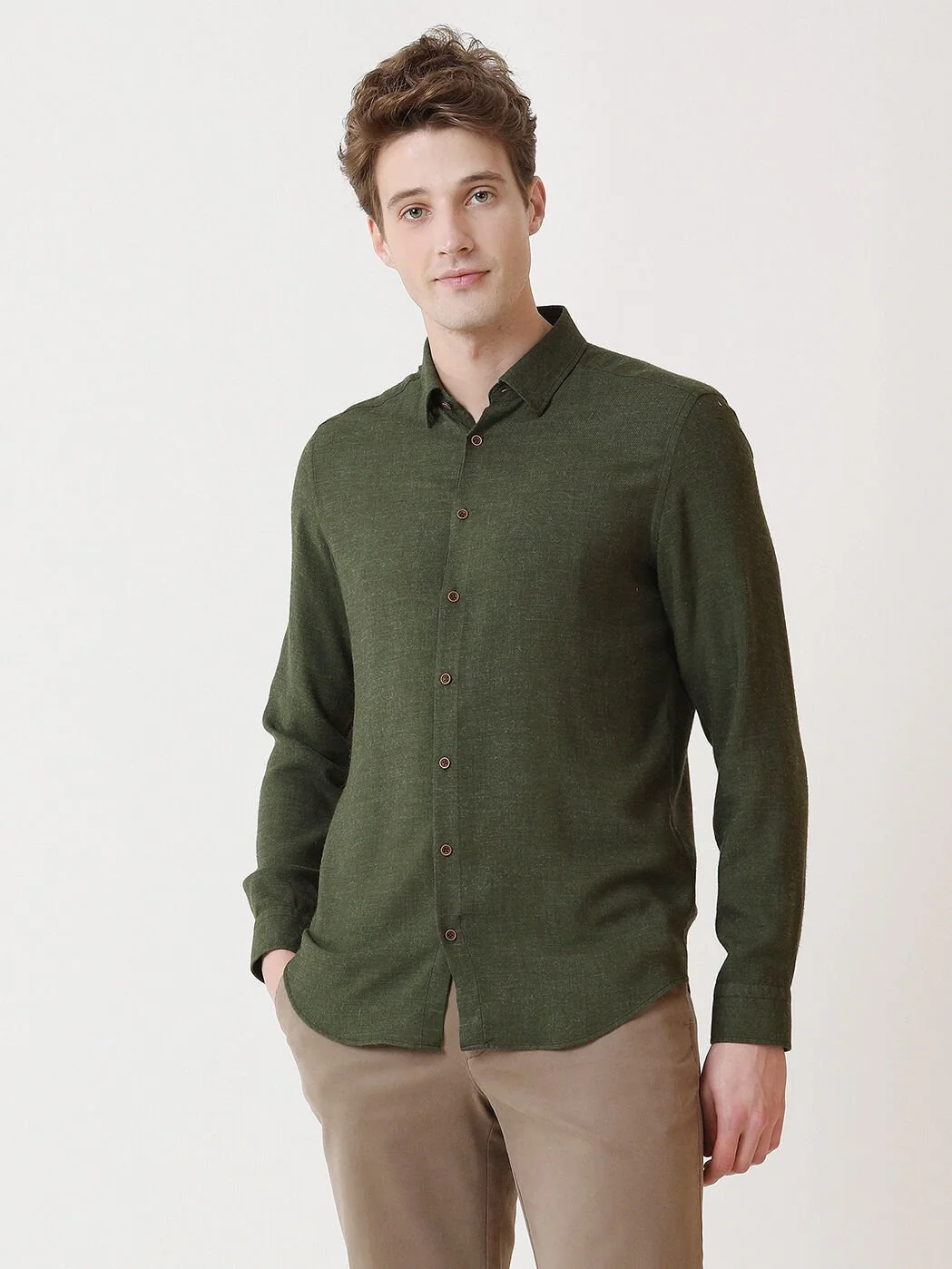 Yeşil Düz Regular Fit Dokuma Casual Gömlek - 1