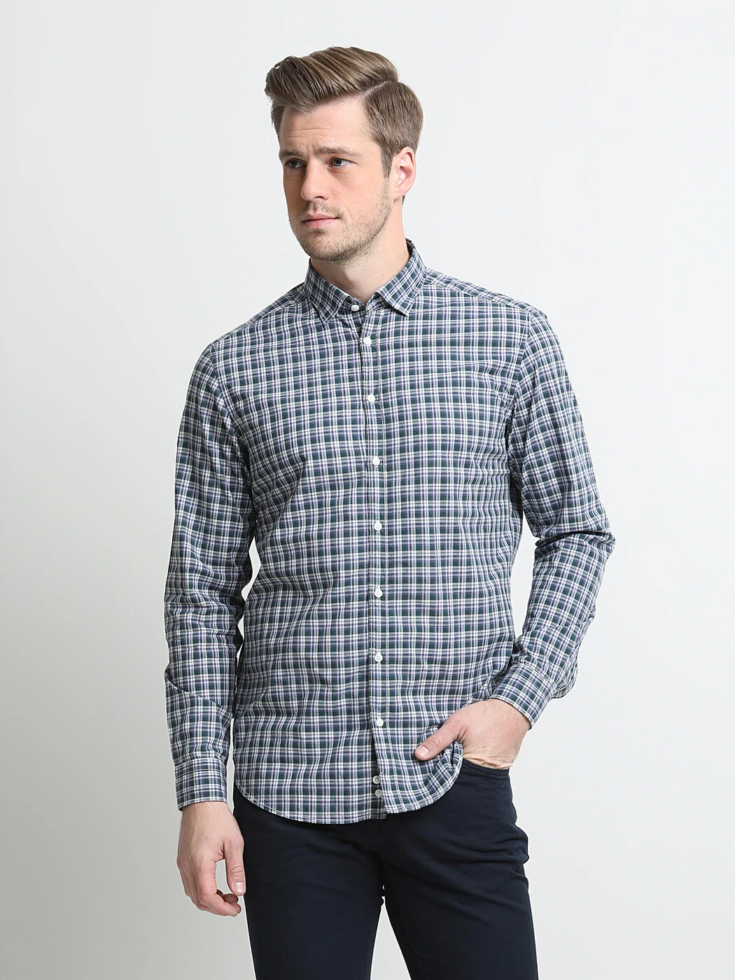 Yeşil Kareli Regular Fit Dokuma Casual %100 Pamuk Gömlek - 1