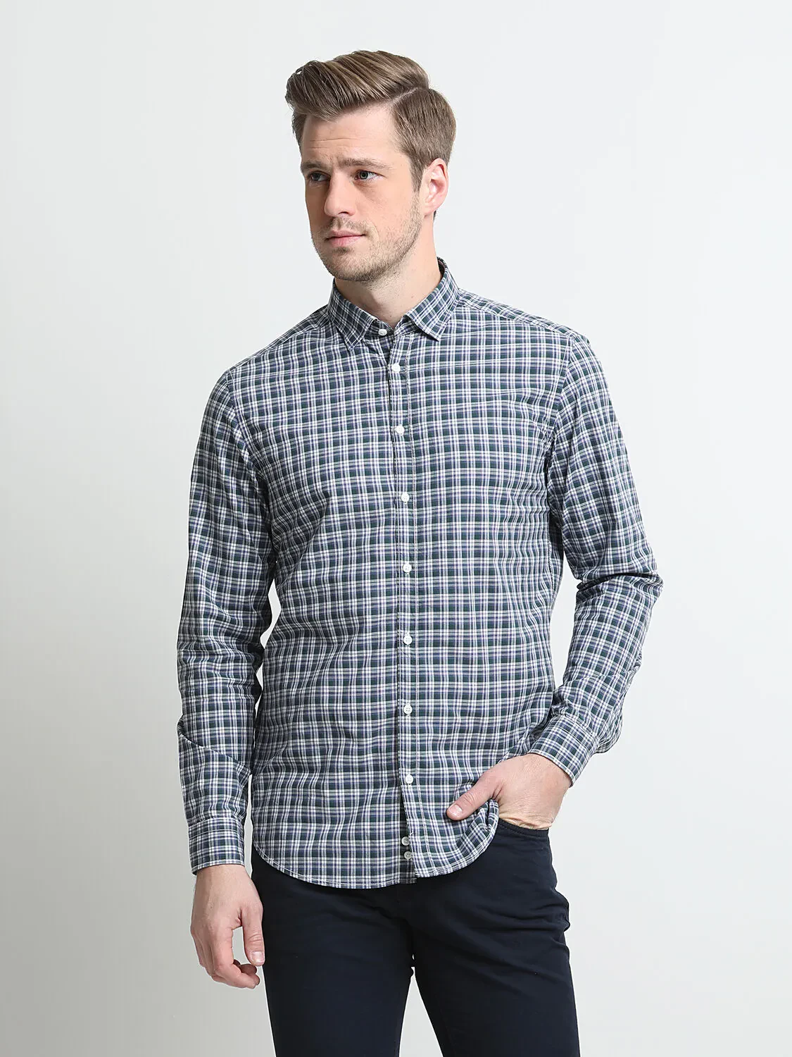 Yeşil Kareli Regular Fit Dokuma Casual %100 Pamuk Gömlek - 1