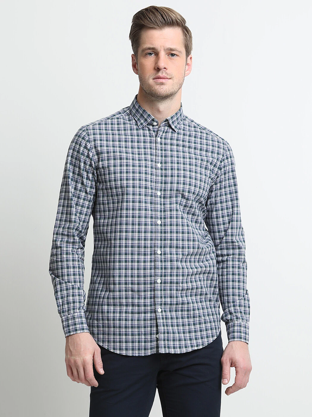 Yeşil Kareli Regular Fit Dokuma Casual %100 Pamuk Gömlek - 3